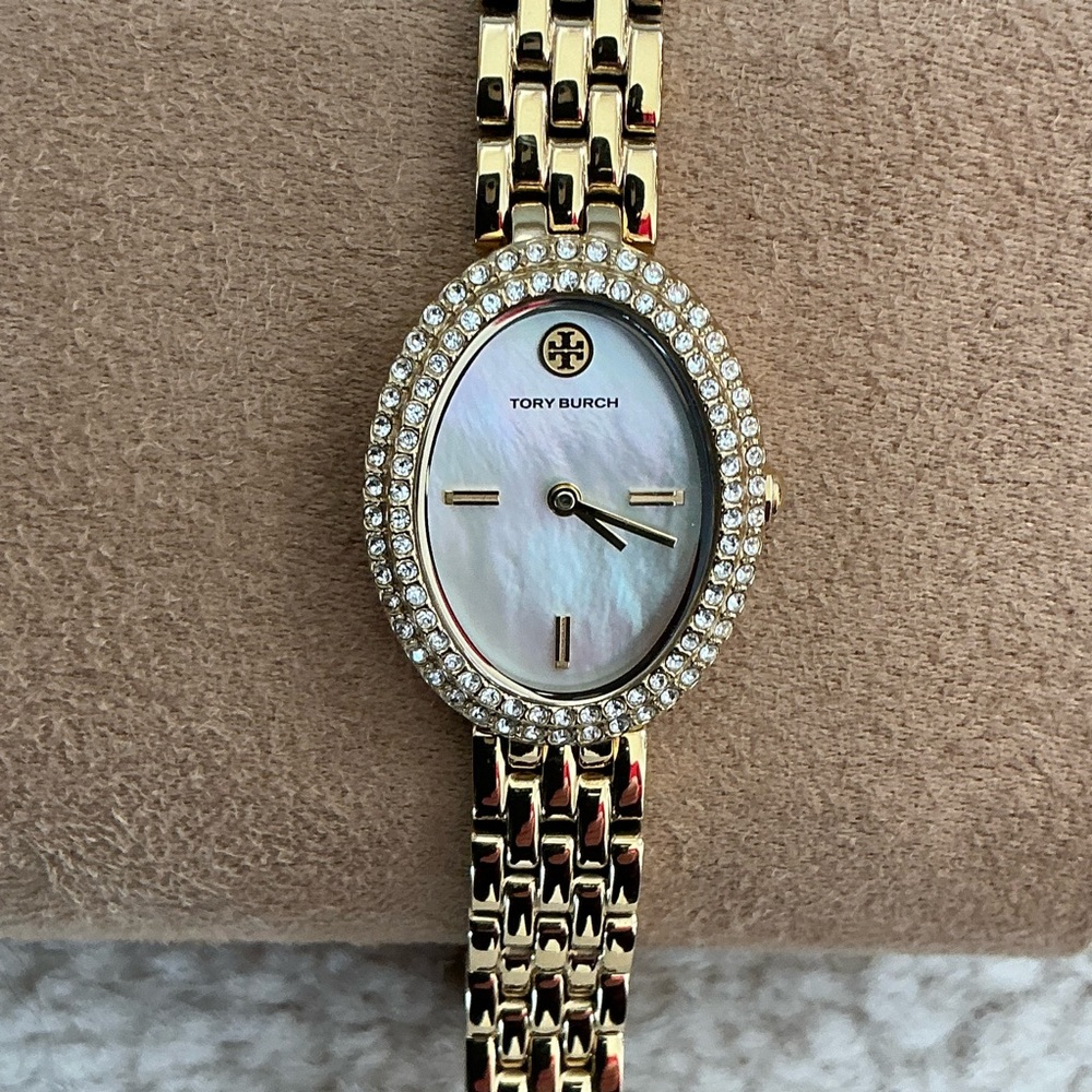 BEAUTIFUL TORY BURCH MOTHER OF PEARL PAVE EMBELLISHED GOLD TONE WATCH